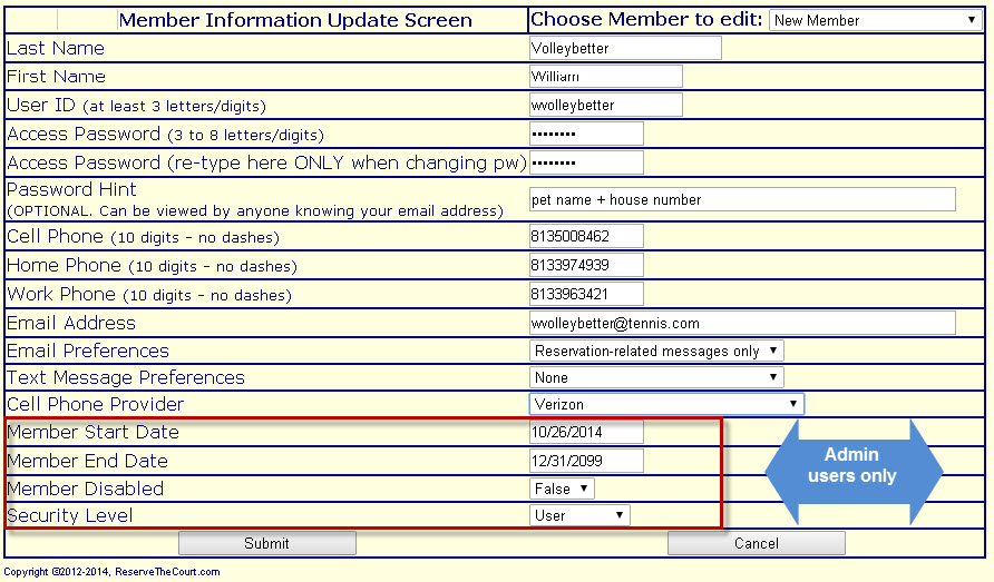 Member Information Update screen