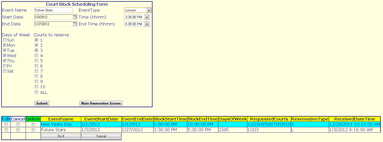 Block Reservation Scheduler screen