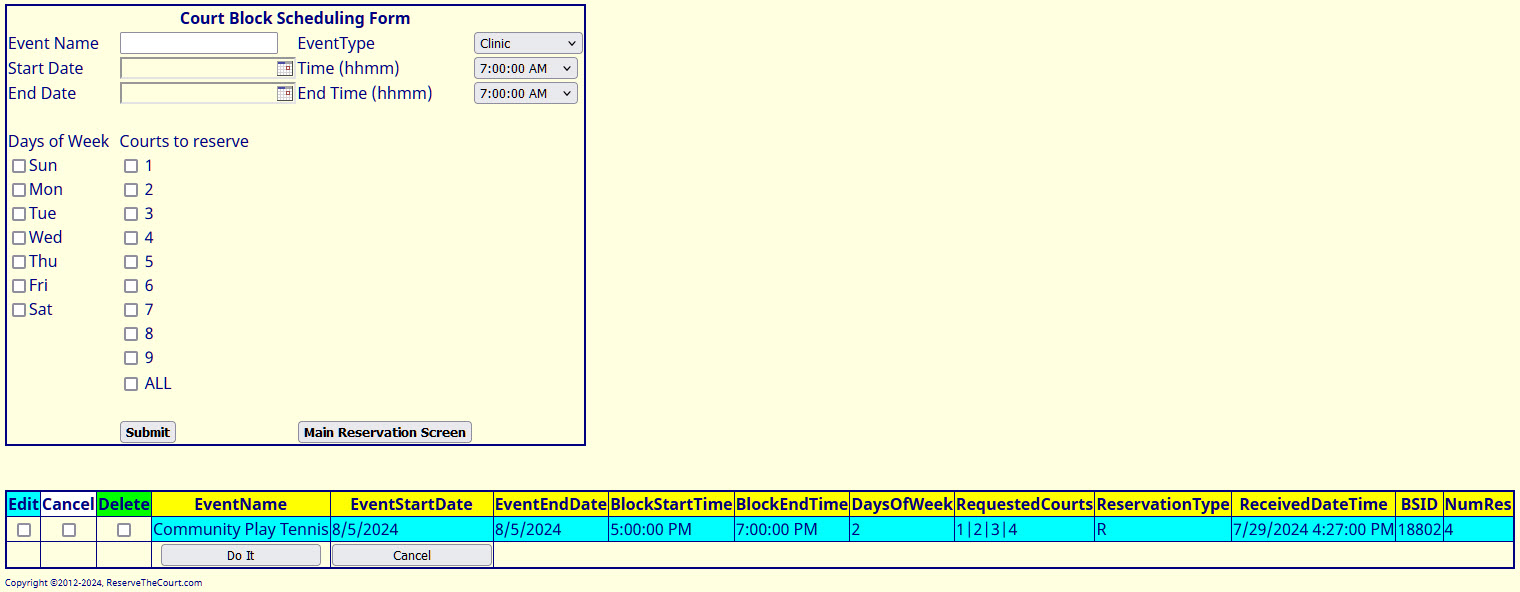 Block Reservation Scheduler screen