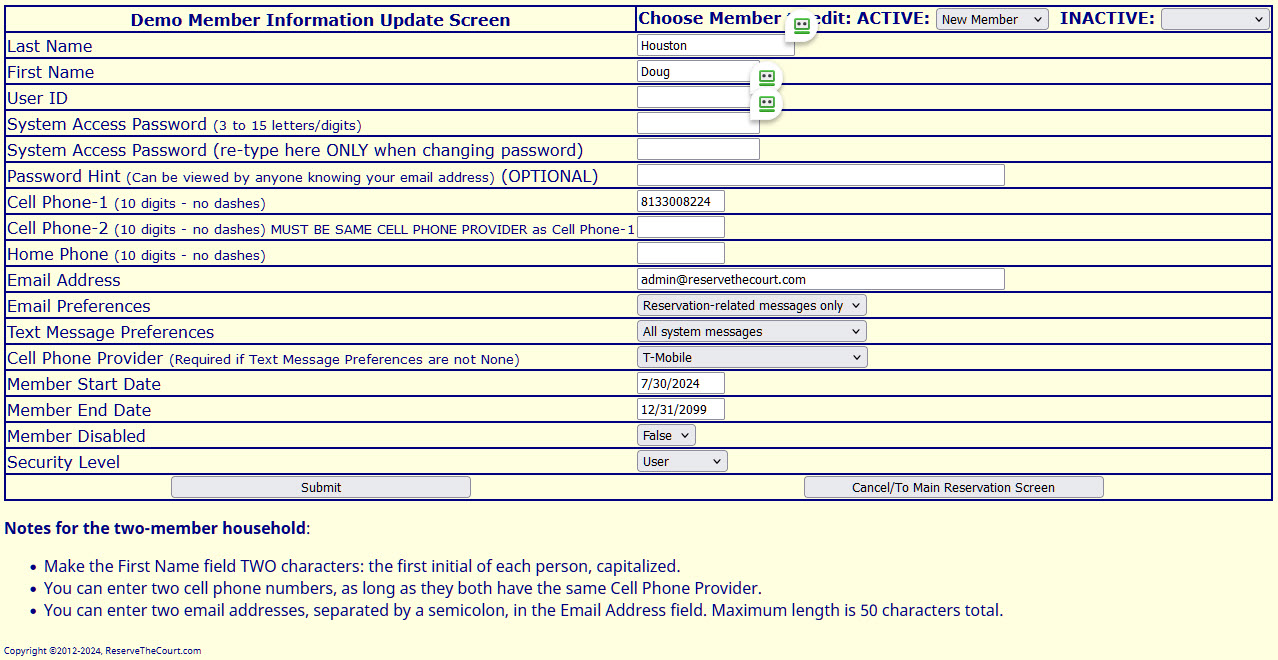 Member Information Update screen