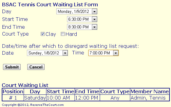 Waiting List Update screen