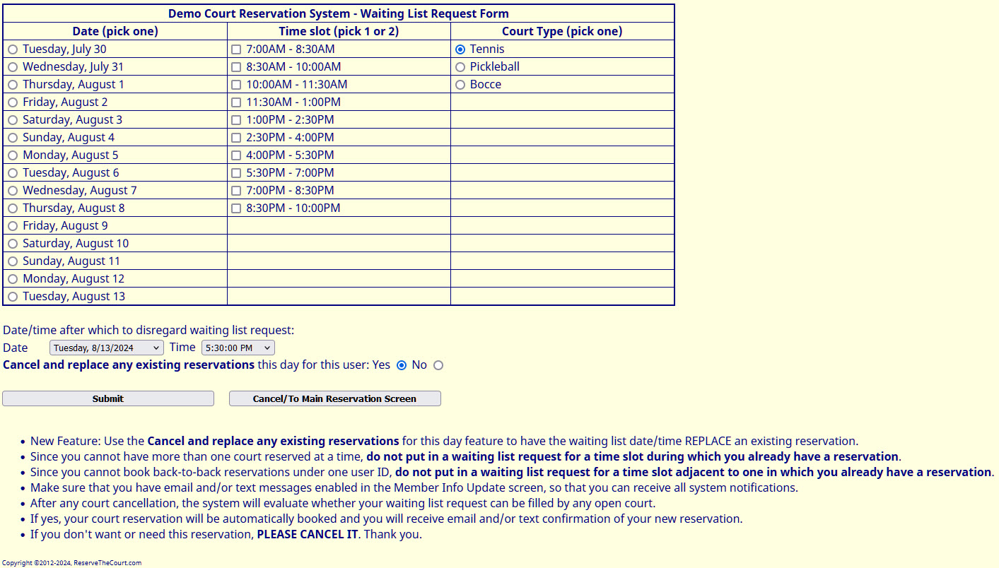 Waiting List Update screen